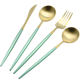 欧式北欧蓝金牛排刀叉套装家用玫瑰金不锈钢西餐刀叉勺