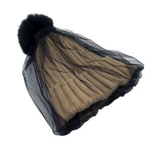 毛线帽女戚薇同款针织帽网纱大毛球气质潮帽子冬保暖优雅韩国新款