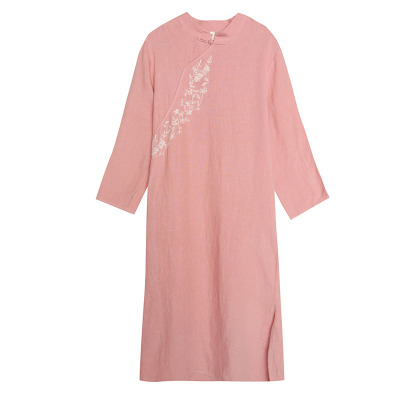 远镇亚麻刺绣中式风茶服连衣裙