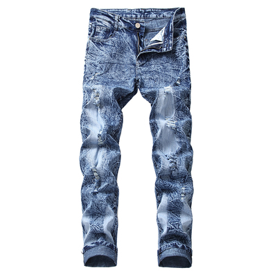破洞原创潮牌男士修身浅蓝牛仔裤
