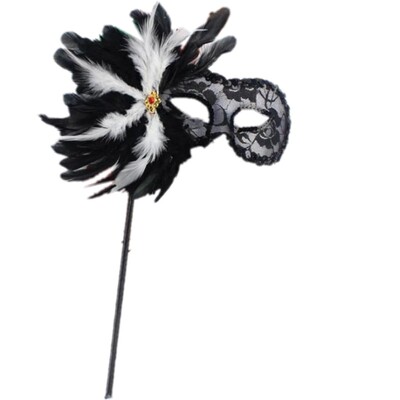 万圣节手持面具半脸化妆舞会面具威尼斯羽毛蕾丝黑色公主面具女