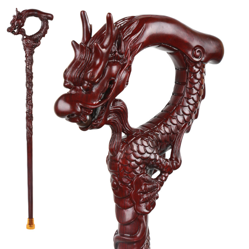 实木龙头拐杖红檀老人手杖整木一体拐棍老年登山杖助行器祝寿礼品