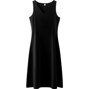 黑色V领无袖连衣裙女内搭中长款夏季修身气质a字打底吊带背心裙子