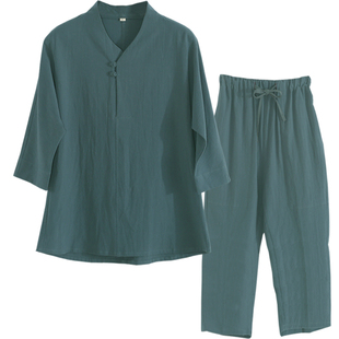 夏季棉麻休闲家居服男女同款中老年唐装汉服V领T恤汗衫七分短袖男