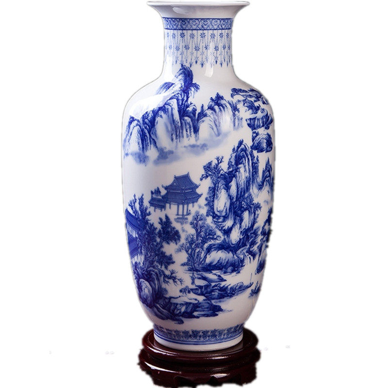 景德镇陶瓷器花瓶仿古青花瓷山水花鸟水培家居客厅插画摆件装饰品