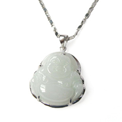 银镶玉翡翠佛公吊坠925银项链女