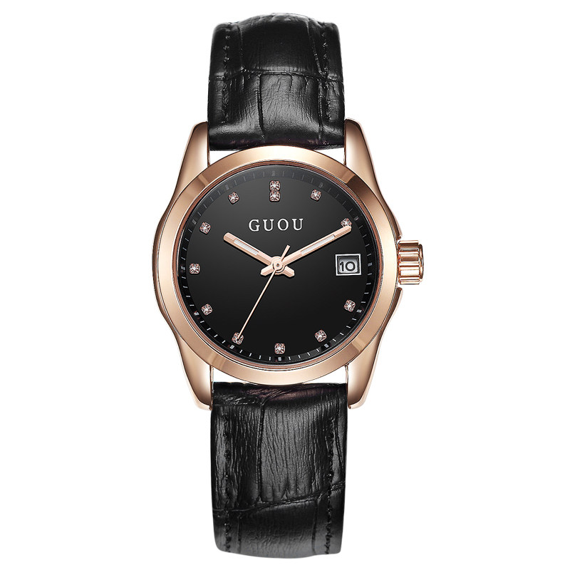 香港guou手表女皮带韩版红色彩带学生女表防水时尚日历时装表情侣