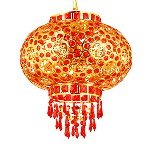 大红喜庆春节乔迁福字水晶LED旋转灯笼铁艺阳台灯笼灯新中式吊灯