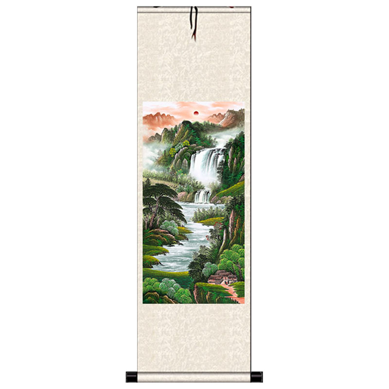 国画竖版装饰画招财卷轴挂画旭日东升办公室靠山山水字画风水挂画