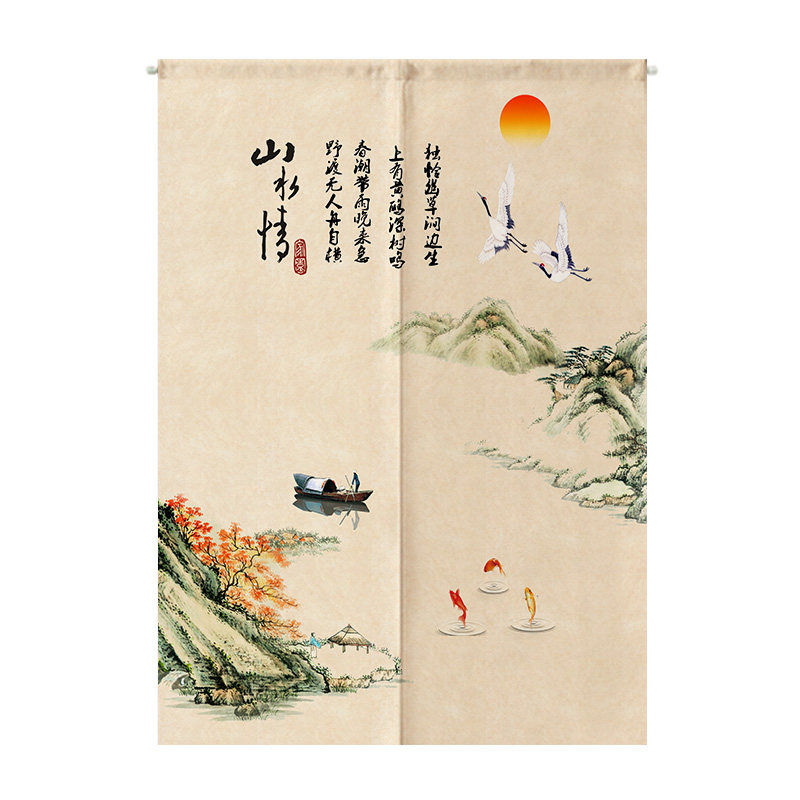 中式客厅山水隔断棉麻布半帘门帘