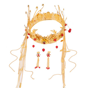 新娘秀禾服头饰2024新款中式新娘古装圆形皇冠流苏凤冠结婚配饰品