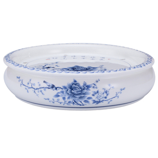 12英寸青花陶瓷圆形茶盘潮汕功夫茶具茶池茶海茶台双层储水式茶船