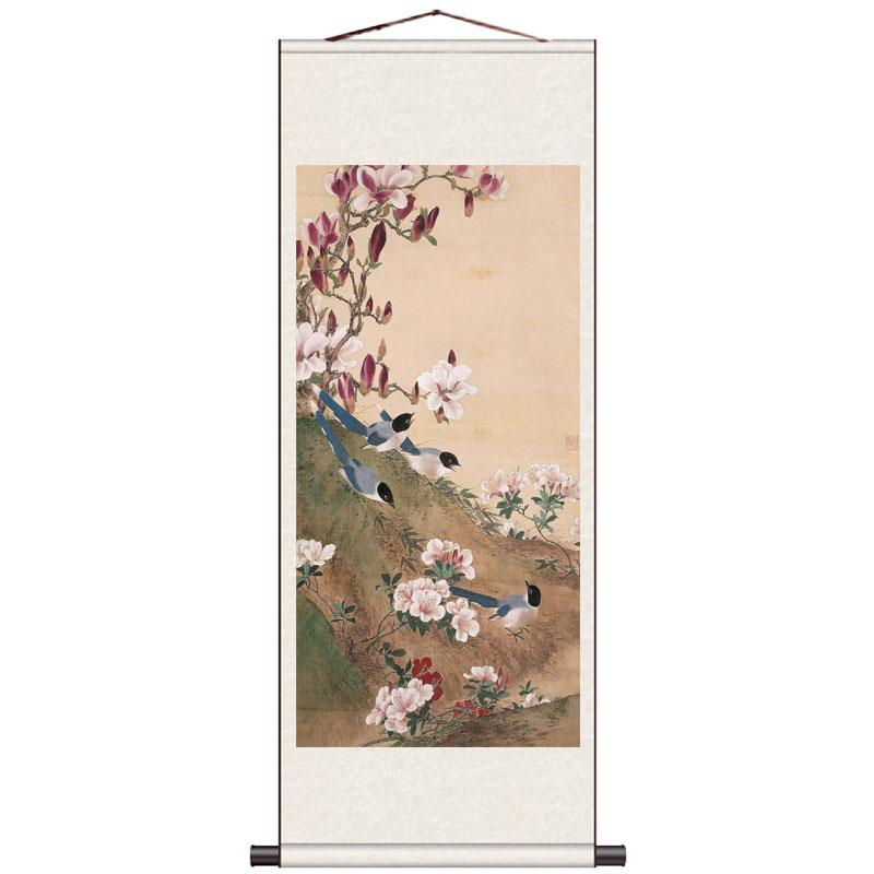 花鸟画石榴小鸟竹子挂画国画酒店壁画玄关风水画客厅装饰丝绸卷轴