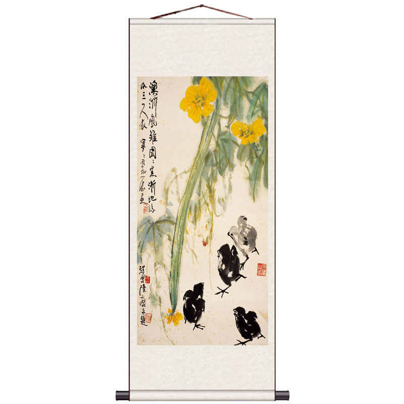 老虎挂画装饰画家居壁画定制玉兰花鸟牡丹风水卷轴画国画丝绸