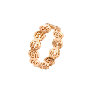 韩版百搭18K玫瑰金镂空铜钱币招财转运钛钢戒指女个性不掉色指环