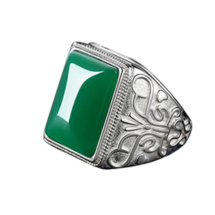 S925纯银镶嵌绿宝石马鞍翡翠色和田碧玉髓开口男士玉石玛瑙戒指环