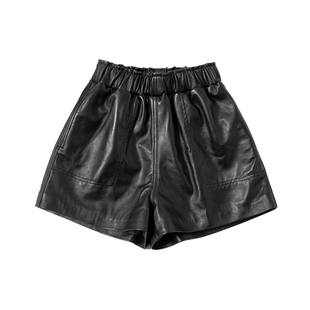 隐藏口袋！超软绵羊皮真皮短裤女新款外穿松紧腰羊皮直筒显瘦皮裤