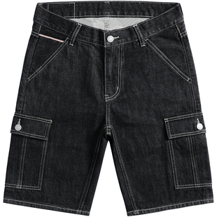 赤耳工装五分裤夏季新款男款牛仔短裤黑色直筒潮流丹宁牛仔裤男款