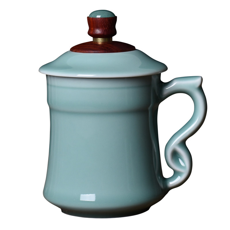 龙泉青瓷茶杯陶瓷办公杯木盖泡茶杯带盖老板会议茶杯水杯子礼盒装