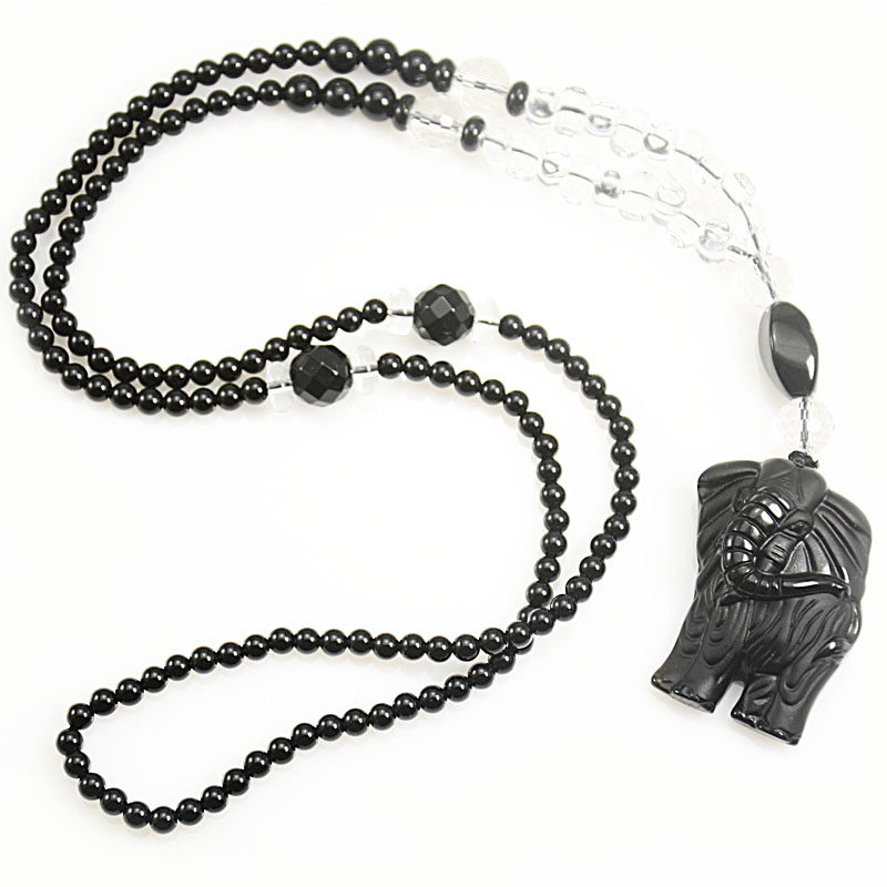 天然黑曜石大象小象吊坠 长款项链 幸运宝石纯黑玛瑙白水晶毛衣链