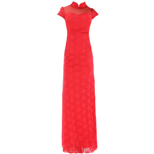 性感夜店长裙晚礼服女2023新款透视名媛晚装连衣裙大红色短袖旗袍