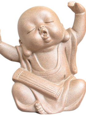 紫砂小沙弥摆件弹琴陶瓷娃娃