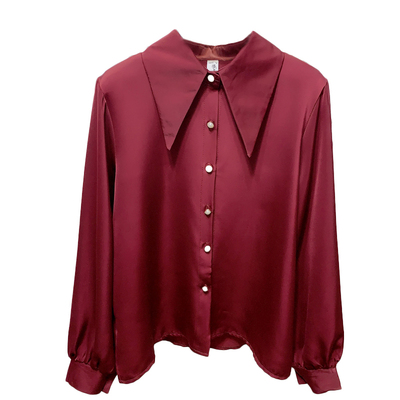 港味chic尖领醋酸缎面长袖衬衫女春装新款OL气质雪纺衬衫外穿上衣