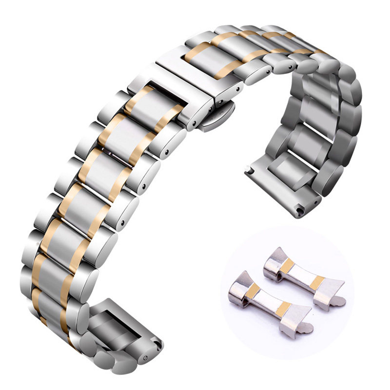 表带钢带男表链不锈钢手表带男士弧口精钢女金属配件蝴蝶扣通用