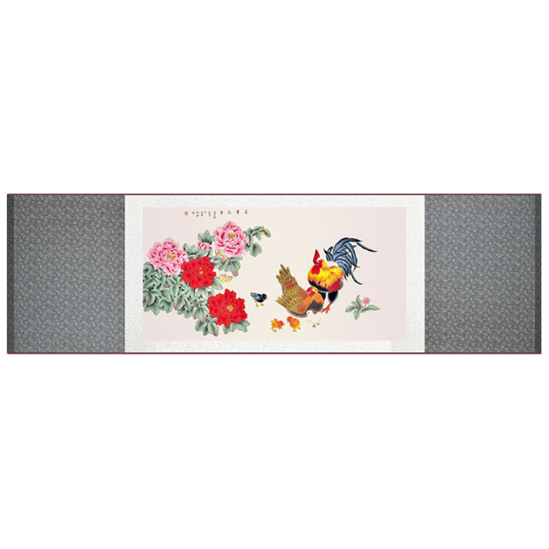 花鸟牡丹图富贵大吉公鸡母鸡好运丝绸画国画卷轴画客厅装饰画壁画