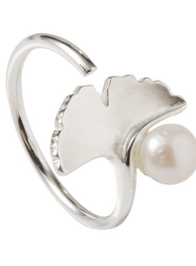 素言纯银原创银杏叶子珍珠戒指