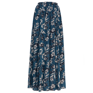 百褶半身裙夏季新款百搭高腰花色雪纺中长裙飘逸大摆沙滩度假长裙