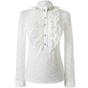 秋冬新款钉珠立领蕾丝衫衬衣长袖内搭加绒打底大码女装荷叶边上衣