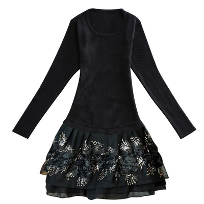 秋冬新款韩版女装针织打底连衣裙修身显瘦假两件中长款蕾丝毛衣裙