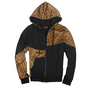 陈冠希2014秋冬罗志祥豹纹拼接连帽大码卫衣林弯弯学院风男士外套