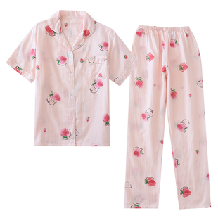 睡衣女款夏季纯棉纱布短袖长裤套装可爱卡通清新学生家居服两件套