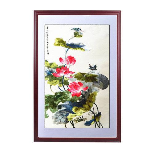 湘绣画苏绣刺绣成品挂画天明刺绣品牌刺绣翠鸟荷花图百年好合挂画