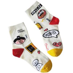 5双装袜子女秋冬中筒袜卡通漫画复古纯棉袜街头可爱AB不对称袜ins