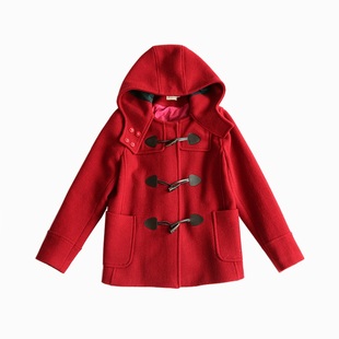 毛呢外套女春2025新款流行小清新学生短款牛角扣红色加厚呢子大衣