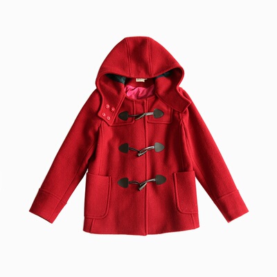 新款流行牛角扣红色加厚毛呢外套