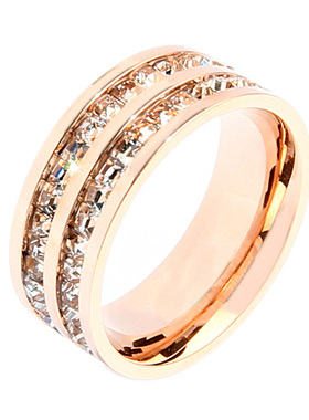 玫瑰金戒指指环钛钢双层镶钻排钻