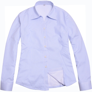 蓝细条纹女加绒保暖衬衫Ｖ领正装加厚工作服银行职业正装大码衬