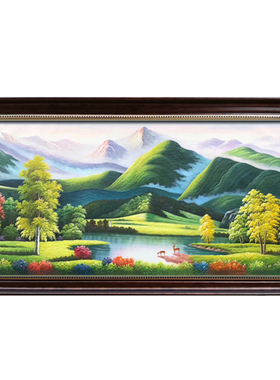 手绘聚宝盆油画福鹿靠山客厅挂画