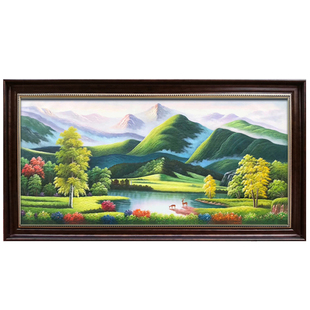 青山绿树装饰画有水聚宝盆挂画客厅背有靠山油画手绘鹿2米3米壁画