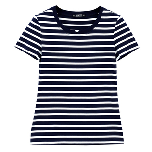 2025新款夏季黑白条纹妈妈短袖t恤女装大码女士半袖打底衫v领上衣