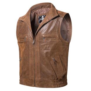 FLAVOR/佛兰诺2019秋季新款真皮皮衣男美式休闲真皮马甲立领背心