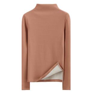 冬季半高领修身纯白加绒加厚长袖女体恤打底衫纯色开叉保暖上衣