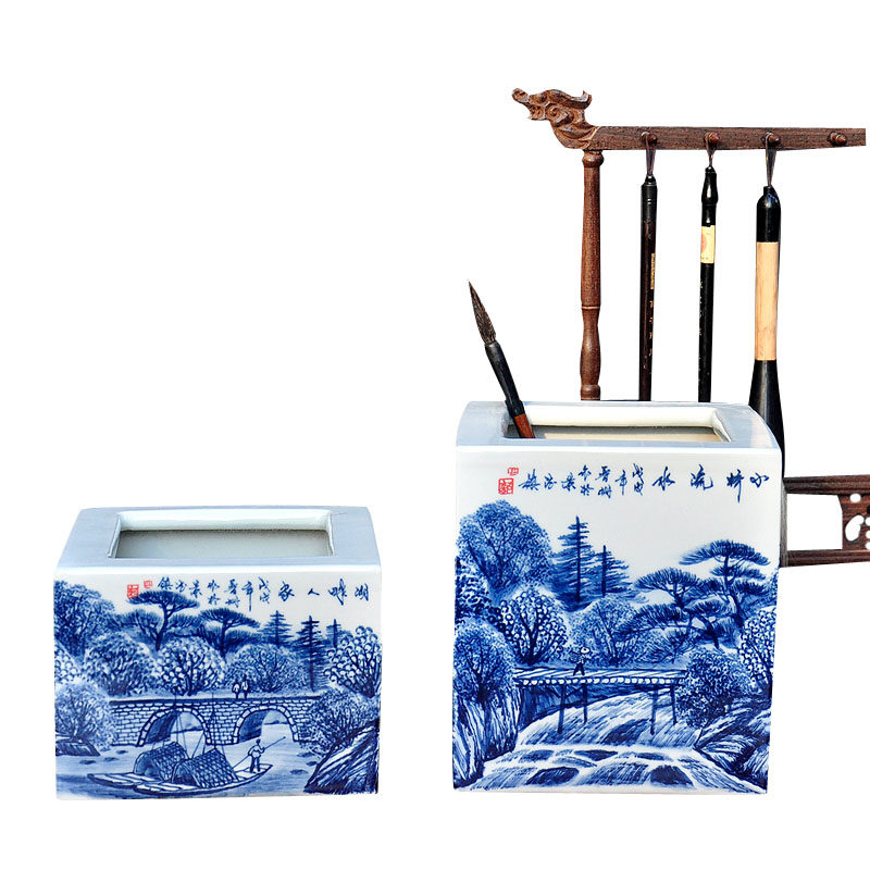 景德镇陶瓷青花瓷毛笔画笔四方行笔筒中式复古书房花瓶摆件花插