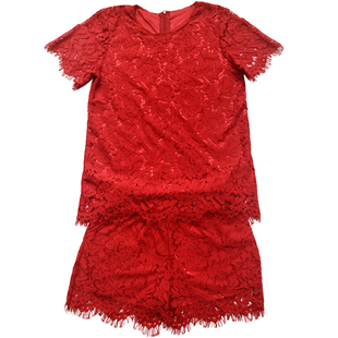 欧洲站2025夏季新款女装潮短衣短裤两件套时尚上衣蕾丝阔腿裤套装