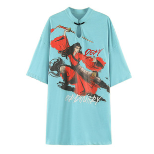 中国风夏装新款花木兰同款年轻少女蓝色a字复古旗袍改良版连衣裙