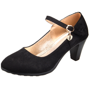 老北京布鞋夏天女鞋粗高跟鞋6厘米一字绑带黑色工作鞋女上班单鞋